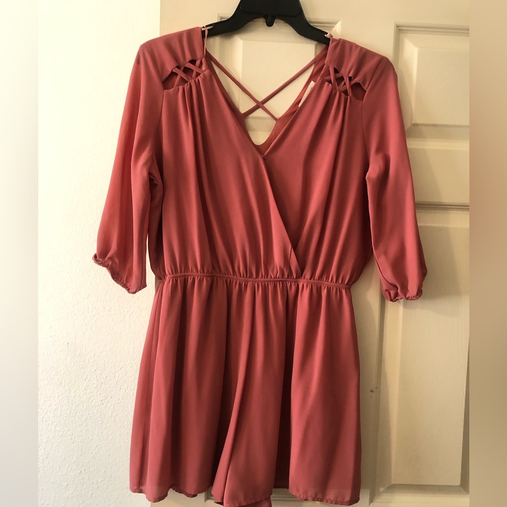 Monteau Rose Pink Surplice Romper with Crisscross Back